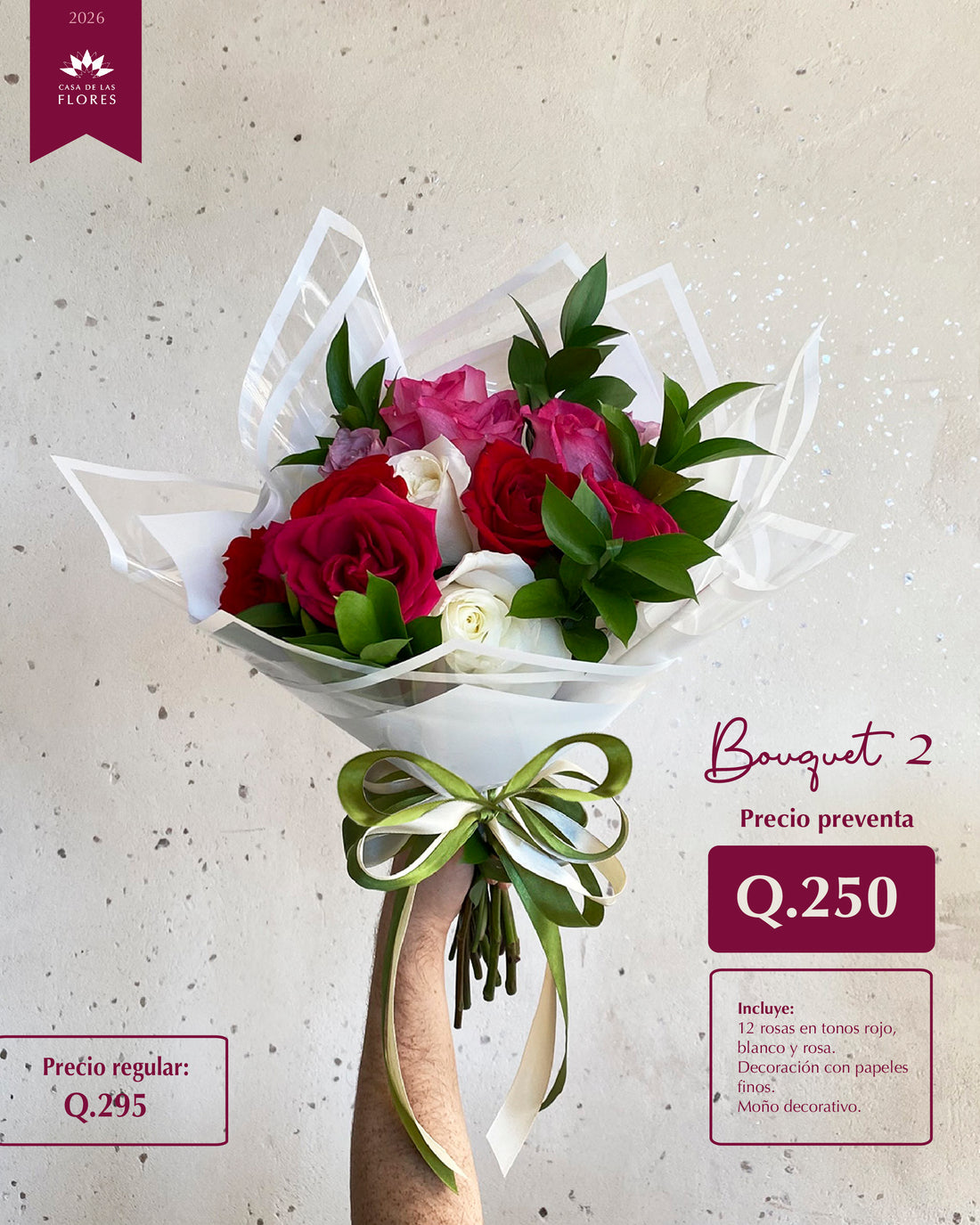 Bouquet 12 rosas tonos rosa, blanco y rojo